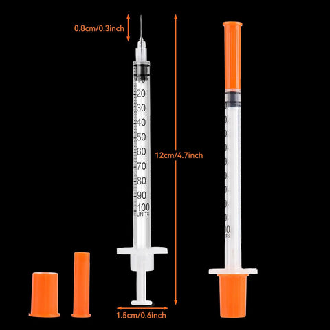 Bulk 30 Pack U100 Syringes 30 Gauge Five Sixteenth Inch 8 Millimeter 1 mL Disposable, Individually Wrapped, Pro Grade Performance, Smooth Leak-Proof Plunger, Clear Barrel, Medical Grade Single-Use Syringes. U-100 syringe with orange cap