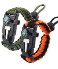 Two Pack Survival Paracord Bracelet With Flint Fire Starter Scraper Compass Whistle And Adjustable Wristband In Army Green Black And Orange For Camping Hiking And Emergency Prep Gear For Any Adventure showing detailed tools