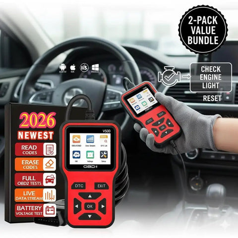 Garage Grade OBD2 Scanner Diagnostic Tool With Live Data Stream, compact red device displaying functions in a car dashboard