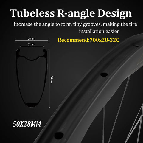 Diagram of tubeless R-angle design for Carbon Disc Brake Wheelset 50mm Deep Tubeless Rim 28mm Wide With Ceramic NBK Bearings