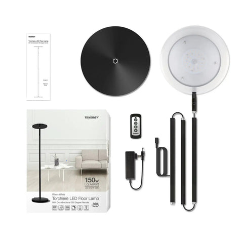 Super Bright 3000 Lumen LED Torchiere Floor Lamp With Remote 30W Touch Dimmer parts and packaging display