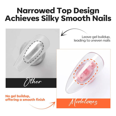 Comparison of nail tips showing gel buildup with other vs. smooth finish with Modelones, highlighting narrowed top design.