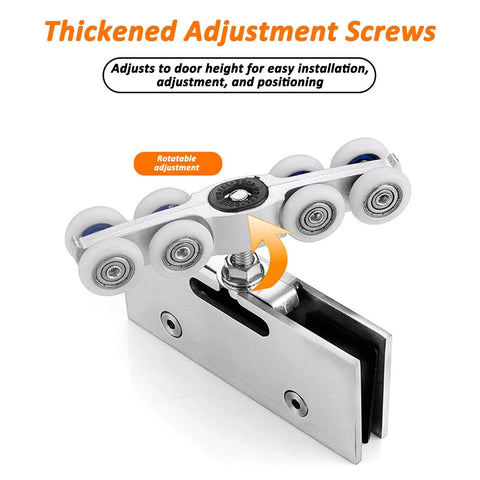 Close-up of Hidden Sliding Glass Door Track Hardware Kit wheel assembly with silent rollers and adjustment screws.
