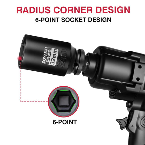 Badass Six Point Metric Impact Socket For Axle Nuts With One Half Inch Drive And Thirty Two Millimeter Deep Design shown attached to a power tool.