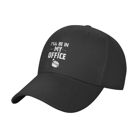 "I'll Be In My Office" black adjustable washed baseball cap dad hat for adults, plain trucker style for office or kitchen, cool casual vibe.