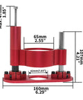 Router Lift System Kit With Bulletproof Base Plate Insert For Woodshop Tables Precise Bit Adjustment No Sweat Operation Heavy Duty Black Build For Skilled Makers Top Shelf Performance shown in red with dimensions.