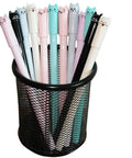 Metal mesh holder with a Cute Cat Gel Pens 0.5mm Set Of 12 For School And Office, kawaii style black ink, in multicolor shells.