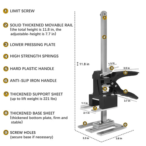 Labor Saving Arm Jack Lifting Helper Tool with labeled components and dimensions, 221 lb capacity for indoor and outdoor use