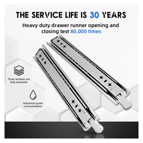 Heavy Duty Full Extension Drawer Slides 38 Inch Stainless Steel with three fully extended sections for smooth operation.