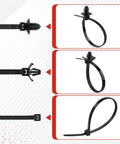 Close-up of Ultimate 150 Pcs Nylon Self Locking Cable Ties And 30 Wire Harness Clips Kit showing zip tie designs.