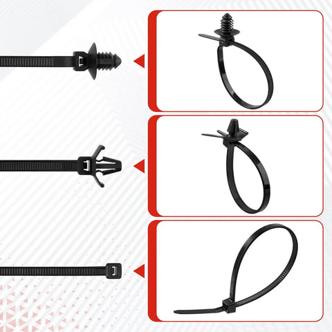 Close-up of Ultimate 150 Pcs Nylon Self Locking Cable Ties And 30 Wire Harness Clips Kit showing zip tie designs.