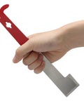 Hand holding 2 Pack Stainless Steel Bee Hive Scraper Tool Set, 10.5 Inch J Hook Frame Lifter Beekeeping Gear for frame lifting and scraping