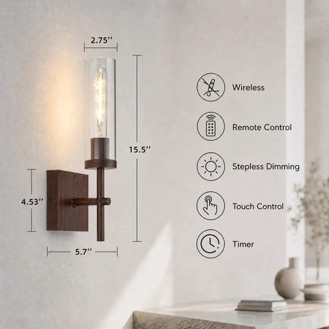 Kwinmyso Wireless 3CCT Wall Sconce Battery Operated Dimmable Wall Light with glass shade and remote control features.