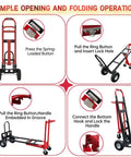 Convertible Hand Truck Dolly Cart Built To Haul Heavy Stuff With Four Wheels, Industrial Grade 1000 Lb Load, 2 Straps For Moving Furniture, Appliances, Boxes In Warehouse Or Office, Quick Assembly In Minutes Video Included, showing simple opening and folding instructions.