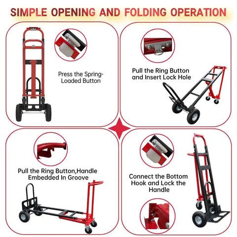 Convertible Hand Truck Dolly Cart Built To Haul Heavy Stuff With Four Wheels, Industrial Grade 1000 Lb Load, 2 Straps For Moving Furniture, Appliances, Boxes In Warehouse Or Office, Quick Assembly In Minutes Video Included, showing simple opening and folding instructions.