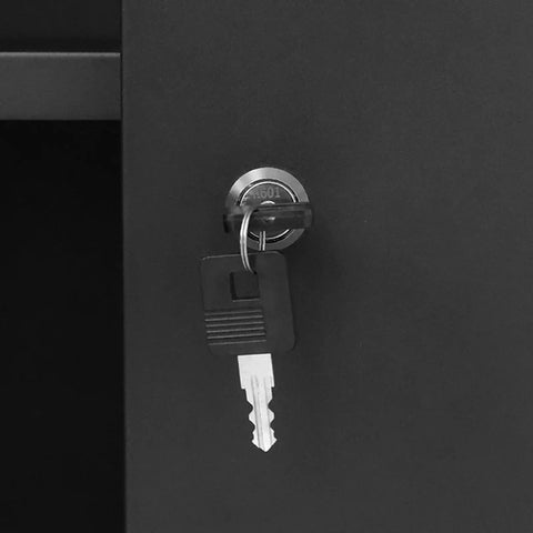 Close-up of lock and key on Six Piece Garage Storage Cabinet System With Locking Steel Cabinets Rolling Chest Pegboard Wall Cabinets.