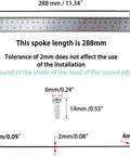 Diagram showing measurements of the 36 Pack 14G J Bend Bicycle Spokes With Brass Nipples, length 288mm, diameter 2mm.