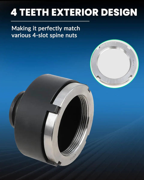Close-up of 13 Piece Spindle Nut Socket Kit for KM Groove Nuts with 4 teeth exterior design for ball joints and axles.
