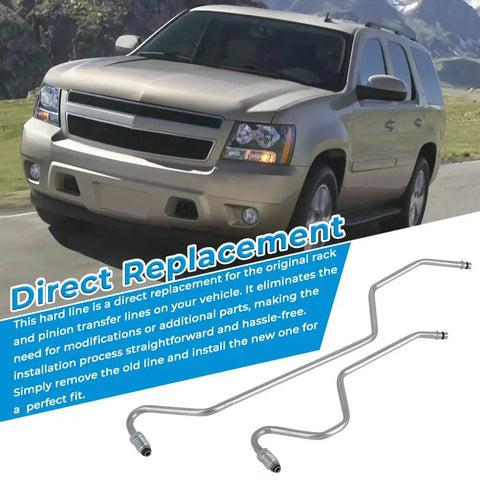 Rack Pinion Transfer Lines For 2007 Chevrolet Tahoe Suburban Avalanche And 2007 GMC Yukon And 2007 Cadillac Escalade With Male Fittings Hard Lines On Rack Replacement For Precise Steering, shown with installation diagram and vehicle.