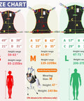 Size chart for Super Cool And Durable Full Body Mesh Patient Lift Sling For Electric Ceiling Hoists with dimensions and weight guide.