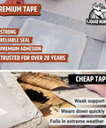 Comparison of premium tape vs cheap tape; premium tape offers strength and adhesion, cheap tape showing supporting issues.