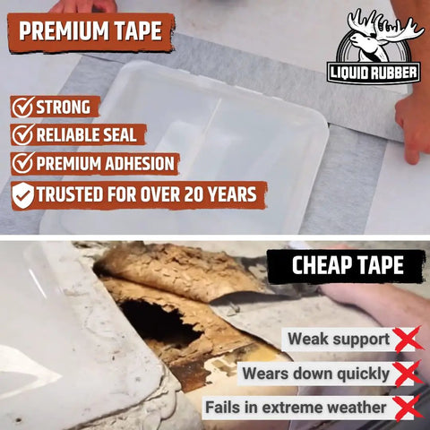 Comparison of premium tape vs cheap tape; premium tape offers strength and adhesion, cheap tape showing supporting issues.