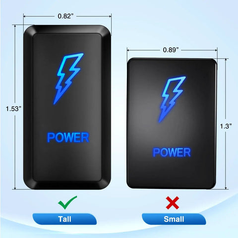 Comparison of two black push button switches, dimensions highlighted. Easy Install No Fuss 12V Push Button Switch With Wire Kit For Toyota
