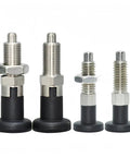Dead Easy Stainless Steel 304 Index Plunger With Pull Ring And Lock Nut Screw Quick Acting Lock Pins Fits M6 M8 M10 M12 M16 showing four sizes in stainless steel and black base.