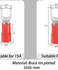 Two brass tin plated insulated fork wire connectors for 15A and 25A shown with dimensions in mm from the Beefed Up Heavy Duty 600V 25A Dual Row Screw Terminal Block Kit With Cover And Pre Insulated Barrier Strips Plus Insulated Fork Wire Connectors For Secure Electrical Wiring And Easy High Voltage Connections.
