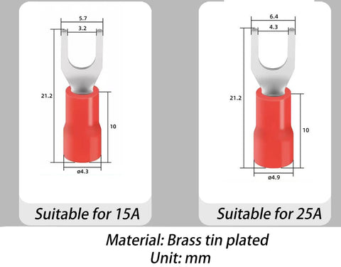Two brass tin plated insulated fork wire connectors for 15A and 25A shown with dimensions in mm from the Beefed Up Heavy Duty 600V 25A Dual Row Screw Terminal Block Kit With Cover And Pre Insulated Barrier Strips Plus Insulated Fork Wire Connectors For Secure Electrical Wiring And Easy High Voltage Connections.