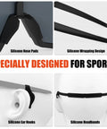 Detail of silicone nose pads, wrapping design, ear hooks, and headbands on Polarized Sports Sunglasses With Five Interchangeable Lenses For Guys And Gals.