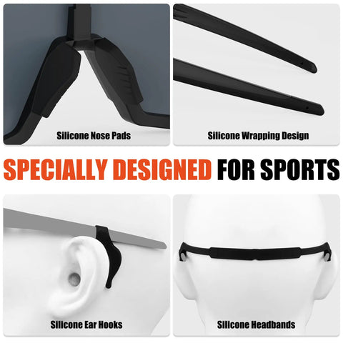 Detail of silicone nose pads, wrapping design, ear hooks, and headbands on Polarized Sports Sunglasses With Five Interchangeable Lenses For Guys And Gals.