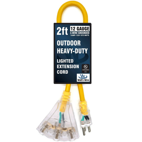 2 Ft Outdoor Extension Cord Waterproof Heavy Duty 12 Gauge With Multiple Outlets Lighted Grounded For Tools, Lights, Generators And Outdoor Power Solutions