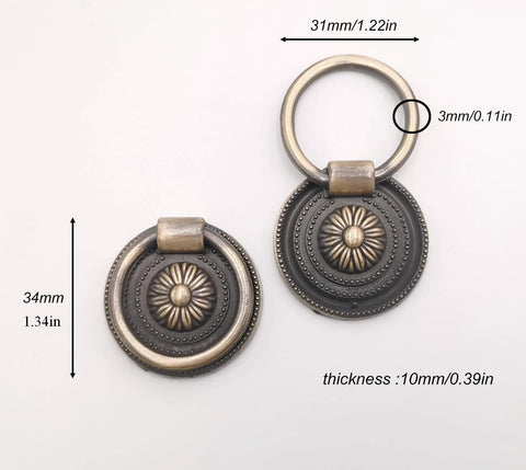 Six Piece Antique Brass Drawer Ring Pull Handles Set For Cabinets Dressers Cupboards And Doors Classic Vintage Style Round Ring Knobs with dimensions