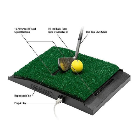 Indoor Golf Simulator Kit With Fifteen Real Courses, Infrared Swing Sensor, showing turf mat and golf club.