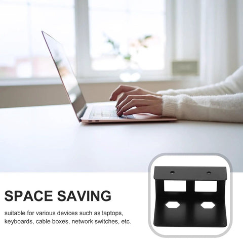 Rock Solid Under Desk Laptop And Keyboard Mount Bracket With Grippy Protective Pads And No Hassle Assembly For A Sharp Boss Desk Setup Total Game Changer Remote Workspace Organizer In Black with laptop and hands on a desk.