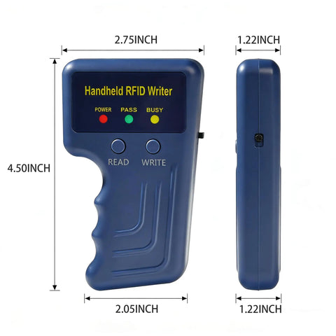 Portable 125KHz RFID Duplicator And Proximity Card Copier dimensions side and front view