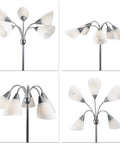 Four views of Five Head Medusa Floor Lamp with Large Frosted Shade No Fuss Adjustable Gooseneck Reading Lights in white finish.