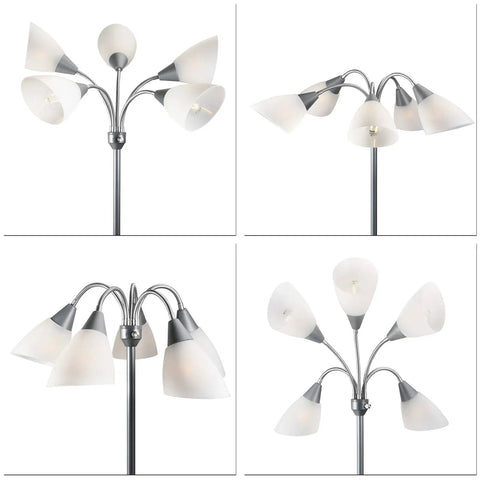 Four views of Five Head Medusa Floor Lamp with Large Frosted Shade No Fuss Adjustable Gooseneck Reading Lights in white finish.