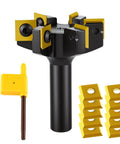 Six Wing CNC Spoilboard Surfacing Router Bit With Half Inch Shank And 2 Inch Cutting Diameter Kit With 10 Carbide Inserts For Hardwood And Softwood Surfacing Flattening And Planing Woodworking Tools shown with inserts and wrench