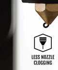 Close-up of 3D printer nozzle with text 'Less Nozzle Clogging', highlighting Black 1.75mm PLA 3D Printer Filament, 1 Kg Spool