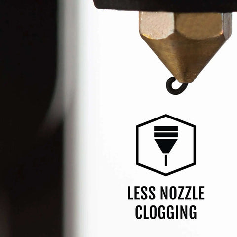Close-up of 3D printer nozzle with text 'Less Nozzle Clogging', highlighting Black 1.75mm PLA 3D Printer Filament, 1 Kg Spool