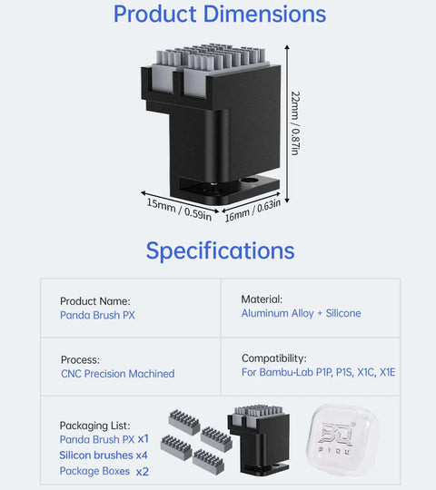 Panda Brush PX Nozzle Cleaning Kit For Bambu-Lab P1P P1S X1 X1C X1E 3D Printers with dimensions and specifications shown.