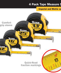 Heavy Duty Tape Measure Set With Easy Read Markings And Durable Case 4 Piece 12 Foot 16 Foot 25 Foot And 33 Foot Blades shown