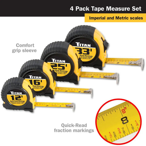 Heavy Duty Tape Measure Set With Easy Read Markings And Durable Case 4 Piece 12 Foot 16 Foot 25 Foot And 33 Foot Blades shown