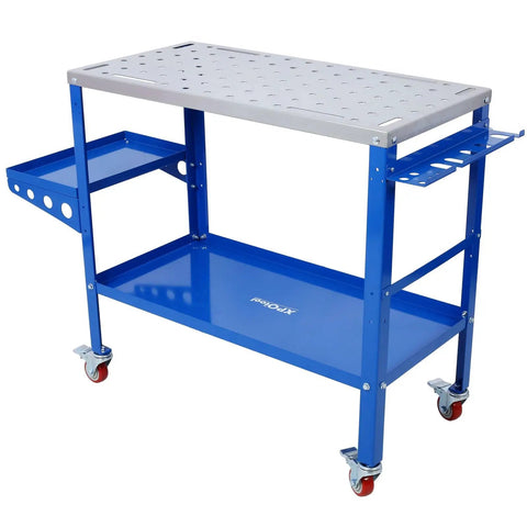 Heavy Duty 36 Inch Steel Welding Workbench Table Rated 1200 Lbs with blue powder coat finish and locking casters.
