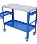 Kickass 36X18 Inch Steel Welding Table On Wheels Heavy Duty Workbench Rig With Locking Casters Built In Tool Slots And Fixture Holes, blue with shelf and casters.