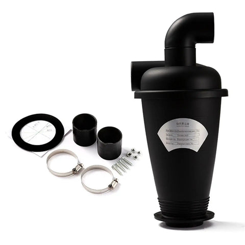 Turbocharged Cyclone Dust Collector For Vacuum Cleaners shown with attachments and fittings, boosts suction power, black with elbow