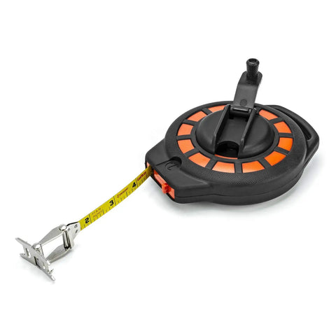 Three Eighths Inch By One Hundred Foot Construction Steel Long Tape Measure Pro Grade with Fast Rewind Rotating Hub Seated Handle