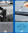 Side-by-side comparison of traditional glass scratch repair and quick liquid repair using Two Bottle Nano Glass Crack Repair Kit With Quick Repair Liquid For Chips And Cracks, Deep Dark Finish, Easy DIY Windshield Fix For Bullseye, Star, And Half Moon Cracks Up To 12 Inches.